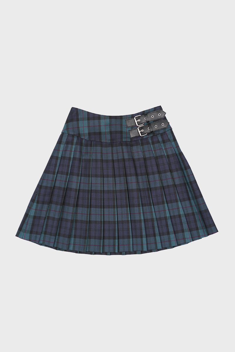 2BELTED CHECK PLEATED MIDI SKIRT